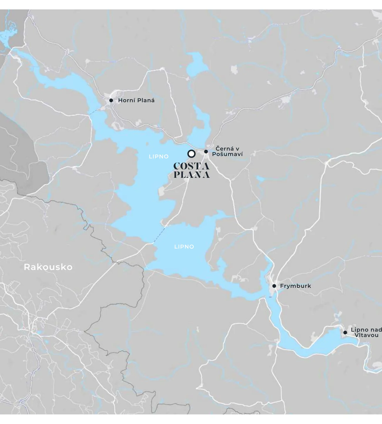 Mapa Lipenské přehrady s polohou Costa Plana v Černé v Pošumaví
